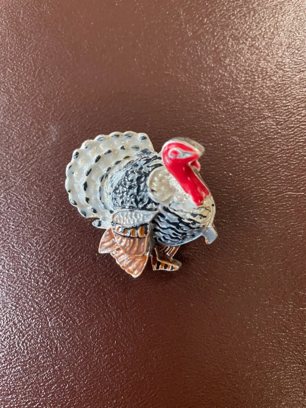 Enamel Turkey Pin Brooch in Red, Black, White & Brown